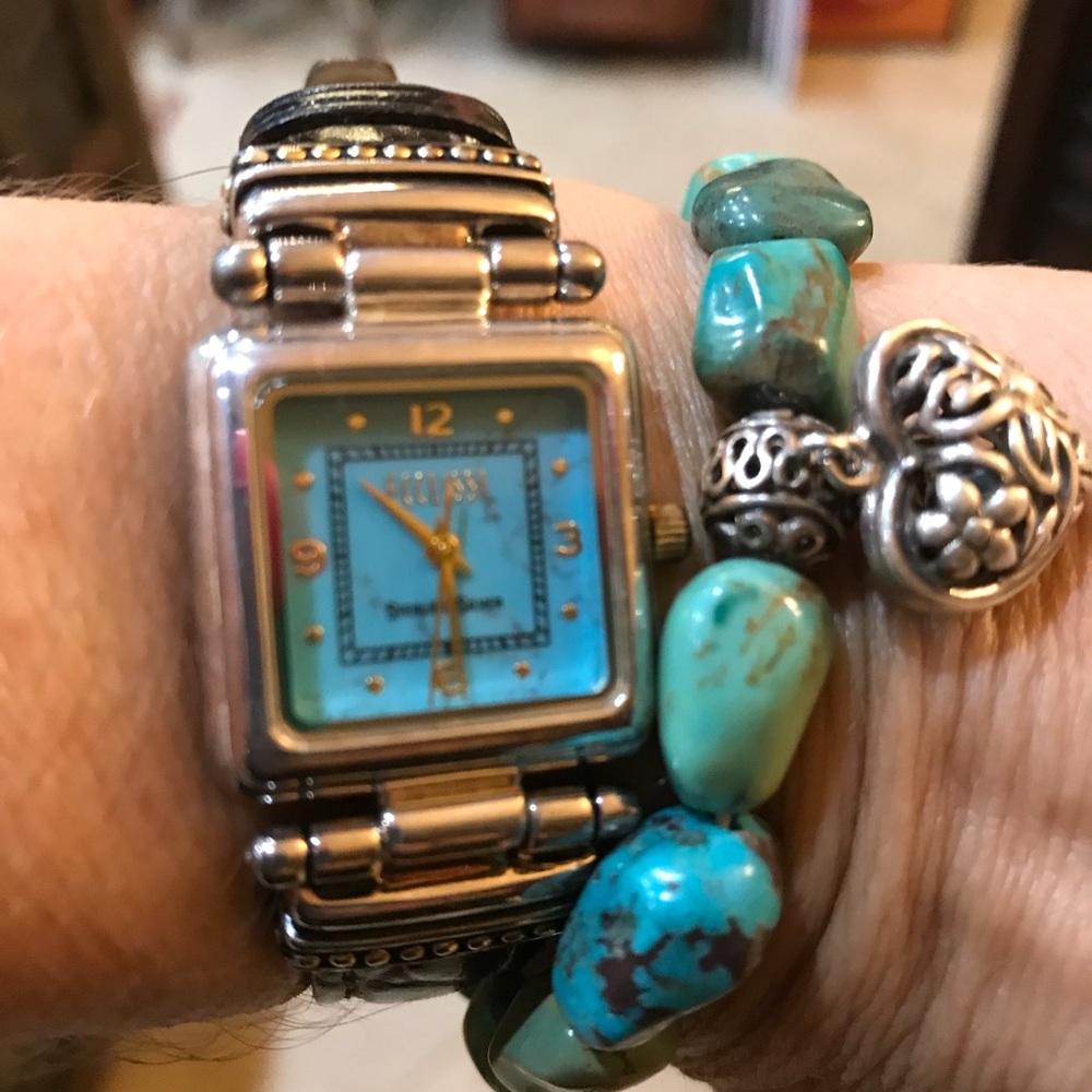SS Leather Watch and  turquoise bracelet.
